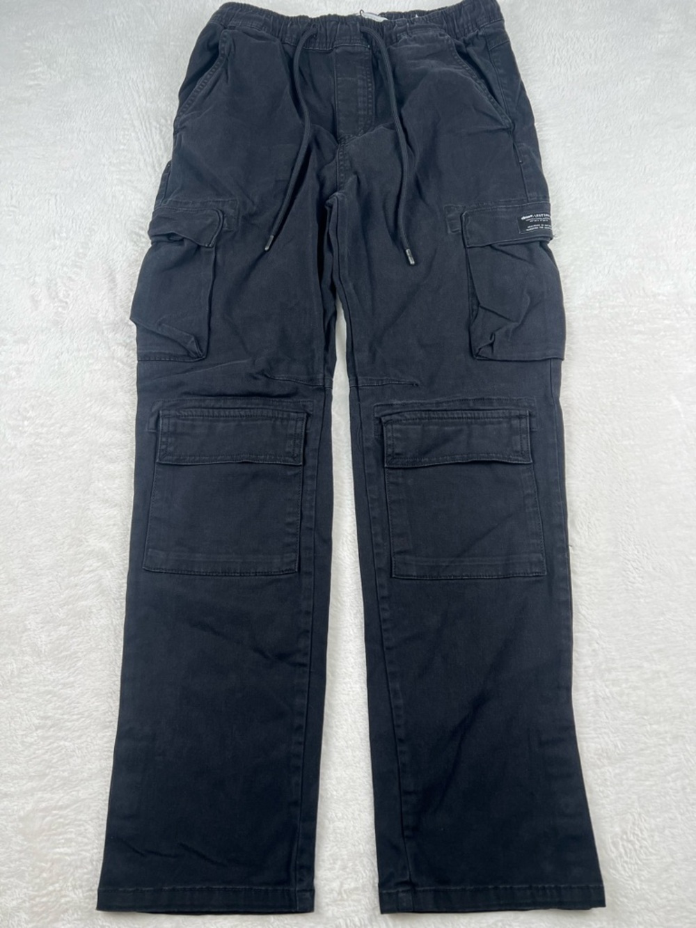 Zara Cargo Pants Elastic Waist Drawstring Black Straight Leg Size M